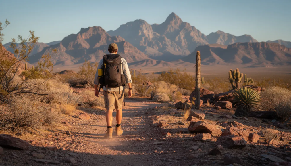 Hiker walking a desert trail near mountains, rebuilding endurance with injury physical therapy after an injury.