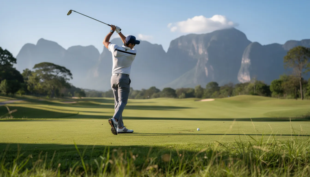 A golfer is captured mid-swing on a lush green course, with majestic mountains rising in the background. This scene reflects the athleticism and focus required in sports, emphasizing the importance of physical therapy for athletes in their training and recovery process.