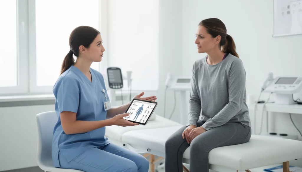 A physical therapist and a patient are engaged in a discussion about a customized treatment plan in a bright clinical setting, emphasizing the importance of physical therapy for pain relief and injury prevention. The therapist is likely explaining various techniques and exercises to promote healing and improve mobility.