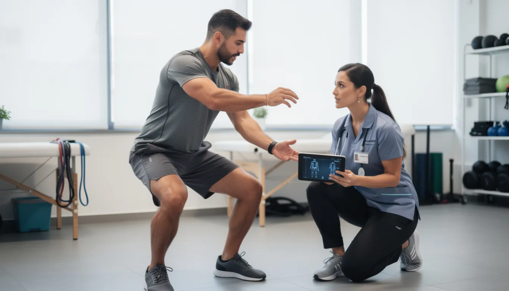 Best sports physical therapist assessing an athlete’s squat form in a rehab clinic while reviewing movement data on a tablet.