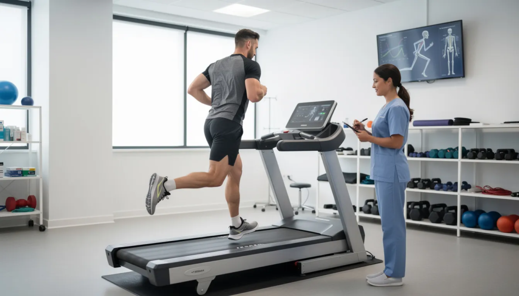 An athlete is running on a treadmill while a physical therapist observes and evaluates their gait in a clinical setting, focusing on performance enhancement and injury prevention. This personalized treatment plan aims to address any concerns related to sports injuries and improve the athlete's overall well-being.