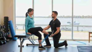 A physical therapist kneels beside an exam table and guides a seated patient through a resistance band leg test, showing how do physical therapists diagnose movement-related pain in a bright rehab clinic.