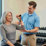 Physical therapist guiding a patient through resistance band training to meet physical therapy goals in a clinic.