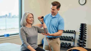 Physical therapist guiding a patient through resistance band training to meet physical therapy goals in a clinic.