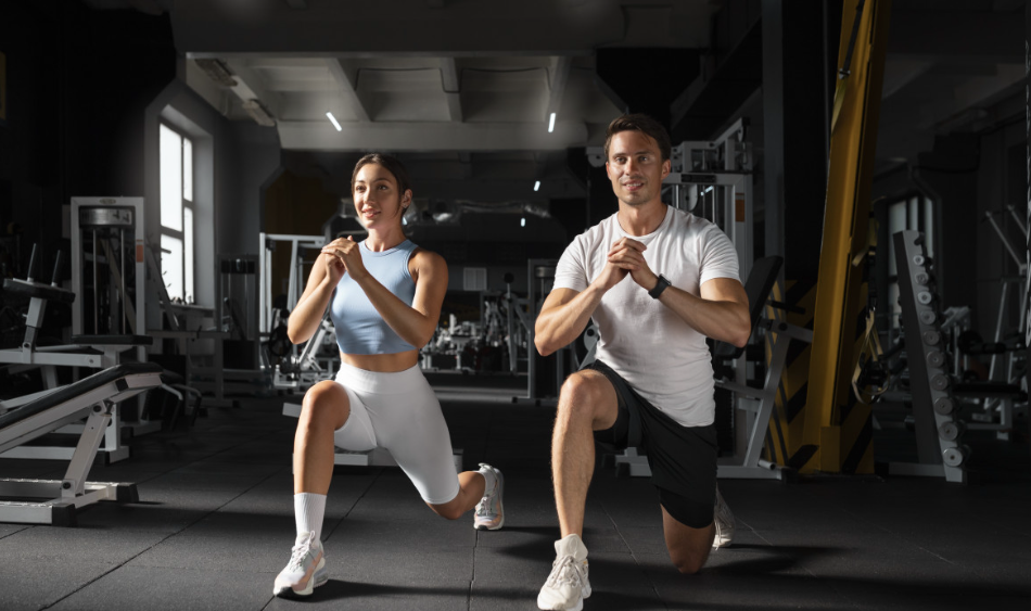 Two people performing lunges in a gym, training physical fitness components health related for better strength and movement control