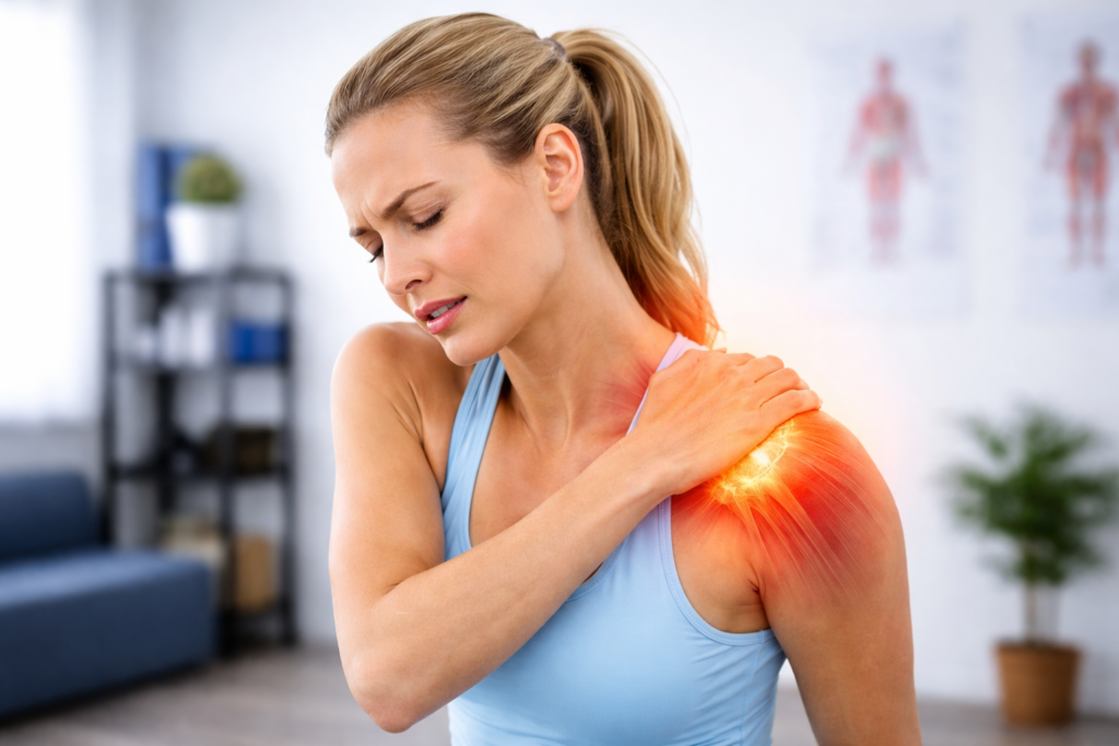 Woman experiencing shoulder pain and burning with visible inflammation in the shoulder joint