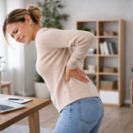 Woman experiencing standing and lower back pain while working at a desk
