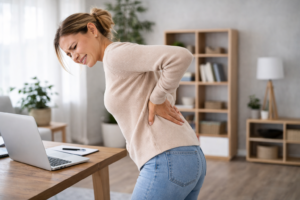 Woman experiencing standing and lower back pain while working at a desk