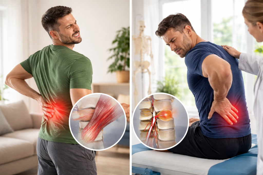 Visual comparison of strained muscle vs herniated disc showing localized muscle injury versus spinal disc nerve compression