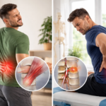 Visual comparison of strained muscle vs herniated disc showing localized muscle injury versus spinal disc nerve compression