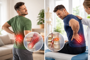 Visual comparison of strained muscle vs herniated disc showing localized muscle injury versus spinal disc nerve compression