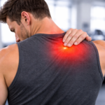 Man experiencing upper back muscle strain with pain highlighted between the shoulder blades