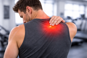 Man experiencing upper back muscle strain with pain highlighted between the shoulder blades