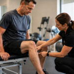 Physical therapist helping a patient recovering from losing muscle mass after surgery during knee rehabilitation