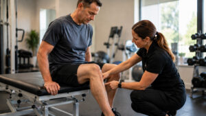 Physical therapist helping a patient recovering from losing muscle mass after surgery during knee rehabilitation