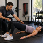Female patient performing a prehab exercise with a physical therapist in a modern Scottsdale training gym before surgery recovery