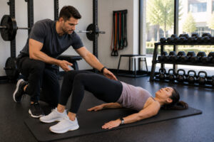 Female patient performing a prehab exercise with a physical therapist in a modern Scottsdale training gym before surgery recovery