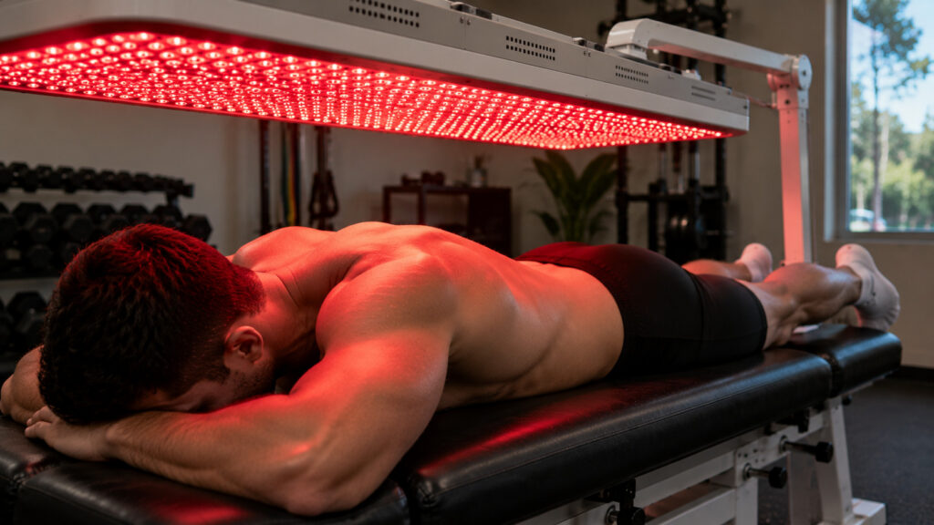 Athlete receiving red light therapy for muscle recovery in a modern physical therapy clinic