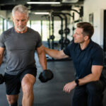 Physical therapist guiding an active older adult through strength exercises as part of sarcopenia treatment