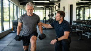 Physical therapist guiding an active older adult through strength exercises as part of sarcopenia treatment