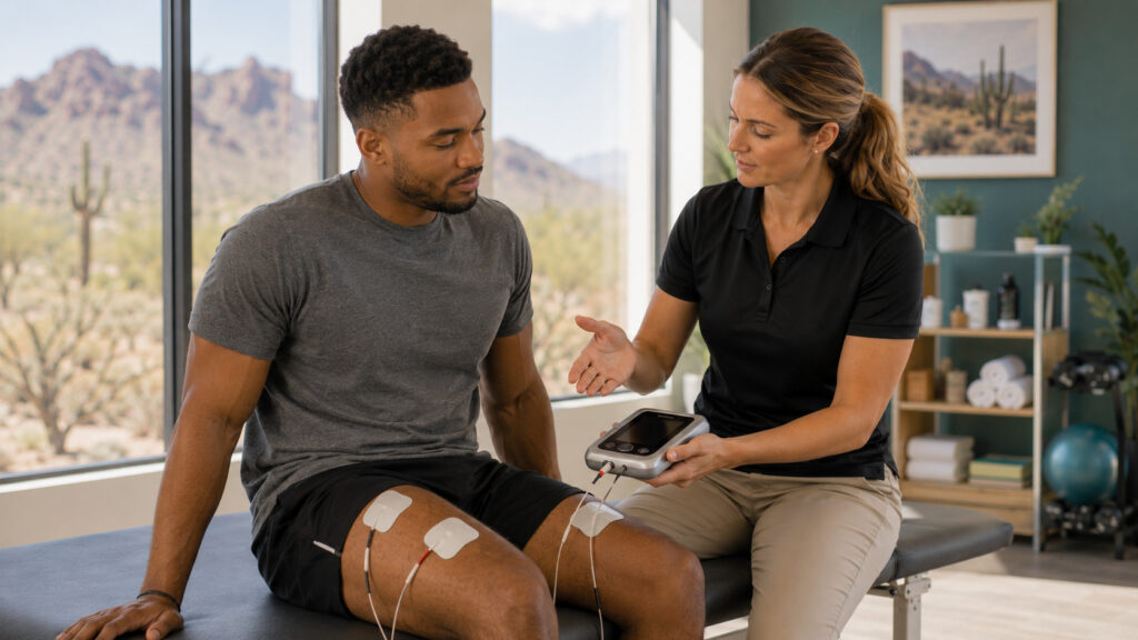 Physical therapist explains e-stim device to relaxed patient before treatment.