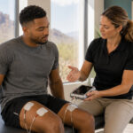 Physical therapist explains e-stim device to relaxed patient before treatment.