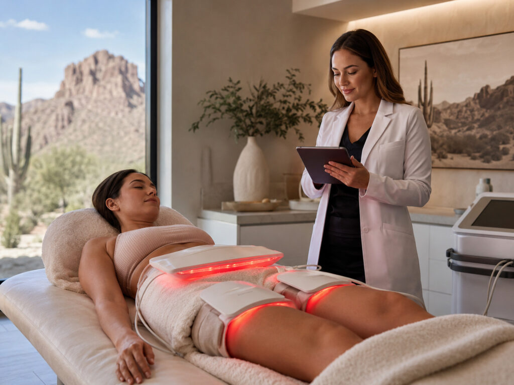Red light therapy for weight loss in Scottsdale, shown in a modern clinic with a clinician consulting a tablet.