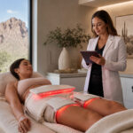 Red light therapy for weight loss in Scottsdale, shown in a modern clinic with a clinician consulting a tablet.