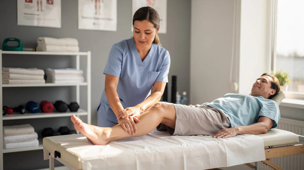 A physical therapist in a modern clinic is gently supporting and mobilizing a patient's injured ankle while the patient lies on a treatment table, focusing on restoring range of motion and reducing pain from the sprained ankle. The therapist's careful approach aims to prevent further injury and aid in the rehabilitation process for the patient's ankle function.