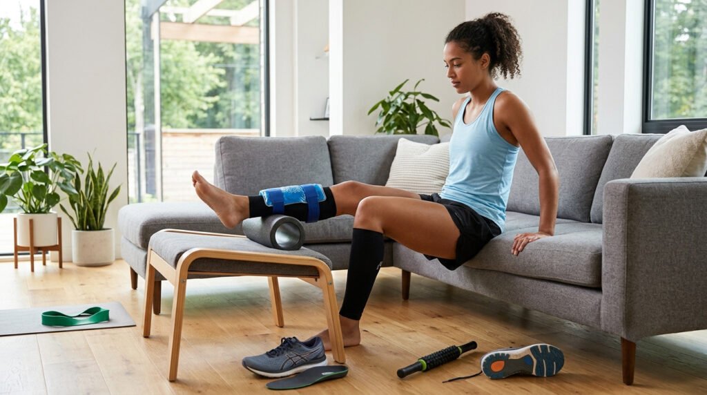 Woman using a foam roller and ice pack on her calf, showing how to get rid of shin splints at home