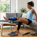 Woman using a foam roller and ice pack on her calf, showing how to get rid of shin splints at home