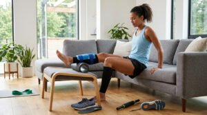 Woman using a foam roller and ice pack on her calf, showing how to get rid of shin splints at home