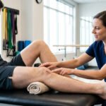 Physical therapist assessing arthrogenic muscle inhibition on a patient's post-surgical knee scar during rehab