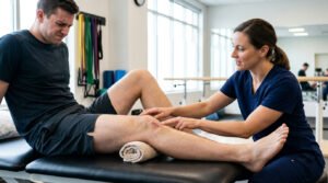 Physical therapist assessing arthrogenic muscle inhibition on a patient's post-surgical knee scar during rehab