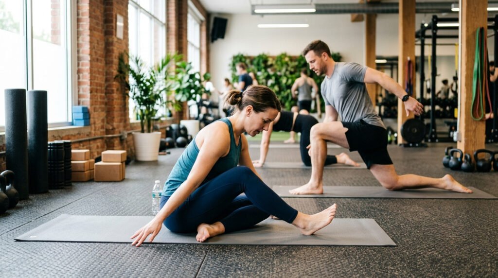 Man and woman doing hip mobility exercises together on gym mats