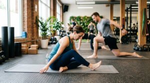 Man and woman doing hip mobility exercises together on gym mats