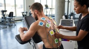 Physical therapist performing neuromuscular electrical stimulation (NMES) with multiple electrode pads on a patient's back