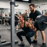 Personal trainer spotting a client on a heavy barbell squat as part of her progressive overload workout plan