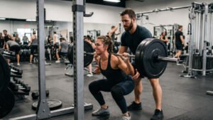 Personal trainer spotting a client on a heavy barbell squat as part of her progressive overload workout plan