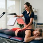 Physical therapist administering red light therapy for back pain to a patient lying face down on a treatment table