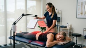 Physical therapist administering red light therapy for back pain to a patient lying face down on a treatment table
