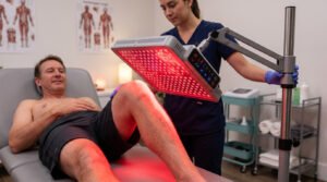 Physical therapist applying red light therapy for knee pain during a clinic session