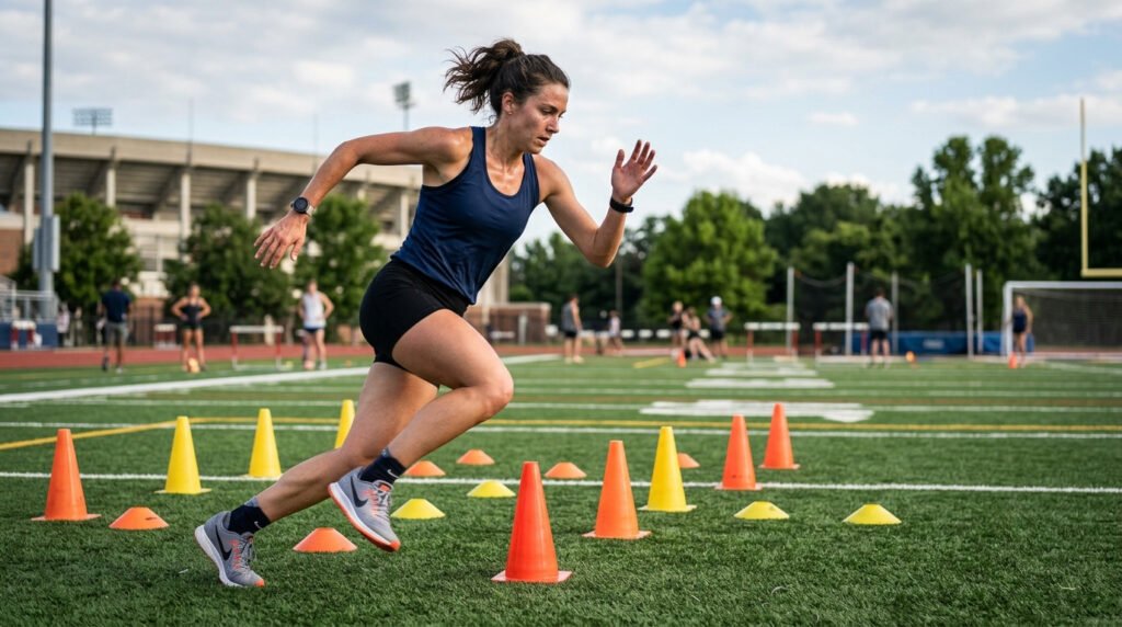 Athlete sprinting through a cone drill during speed and agility training on an outdoor field