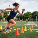 Athlete sprinting through a cone drill during speed and agility training on an outdoor field