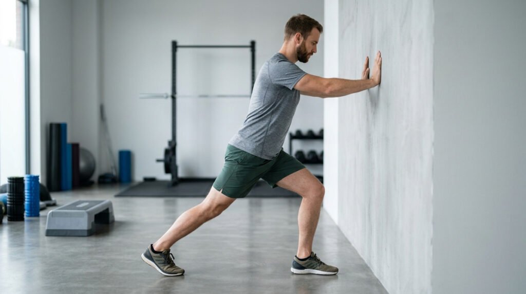 Man performing a standing calf stretch against a wall, one of the key stretches for Achilles tendonitis