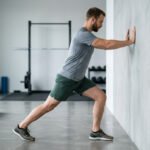 Man performing a standing calf stretch against a wall, one of the key stretches for Achilles tendonitis