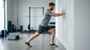 Man performing a standing calf stretch against a wall, one of the key stretches for Achilles tendonitis
