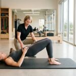 Active adult doing glute activation exercises, starting with a glute bridge, in physical therapy