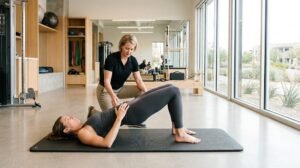 Active adult doing glute activation exercises, starting with a glute bridge, in physical therapy