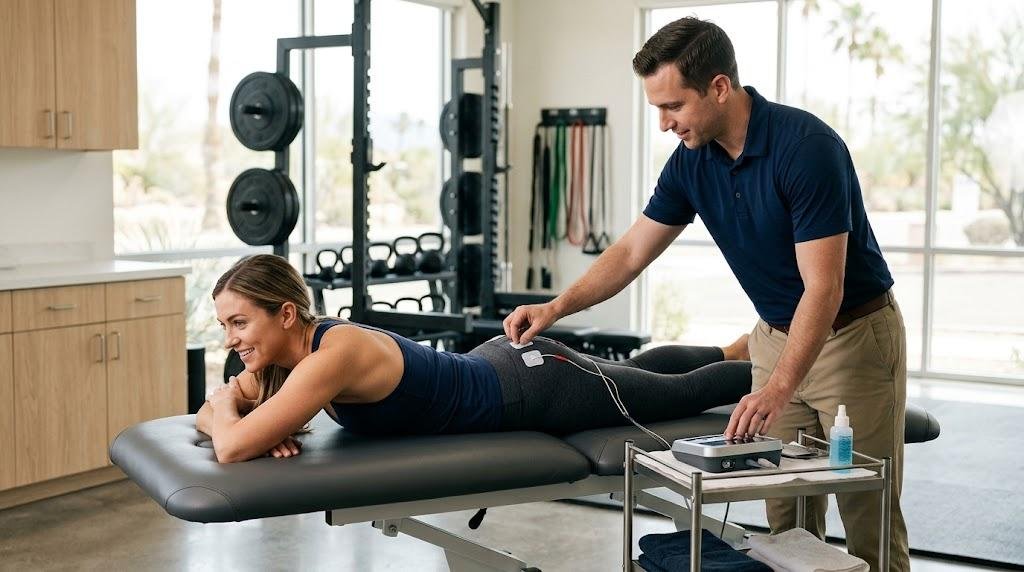 Physical therapist providing neuromuscular activation training for the glutes